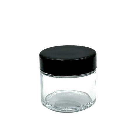2oz Clear Glass Jar - Black/Glossy CRP Lid (Box of 200)