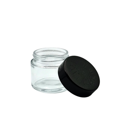 2oz Clear Glass Jar - Black/Glossy CRP Lid (Box of 200)